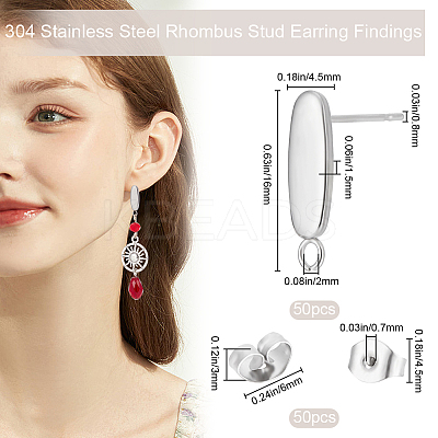 50Pcs Oval 304 Stainless Steel Stud Earring Findings STAS-BBC0004-25-1