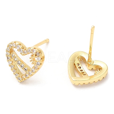 Rack Plating Brass Heart with Flower Stud Earrings with Cubic Zirconia EJEW-A103-02G-1