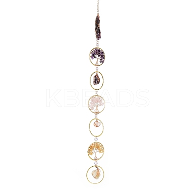Flat Round with Tree of Life Natural Gemstone Chips Chandelier Hanging Suncatcher AJEW-Q143-03-1