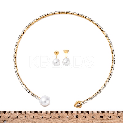 Round Plastic Imitation Pearl Stud Earrings & Heart Cubic Zirconia Rhinestone Cuff Choker Necklaces Sets SJEW-U003-08G-1