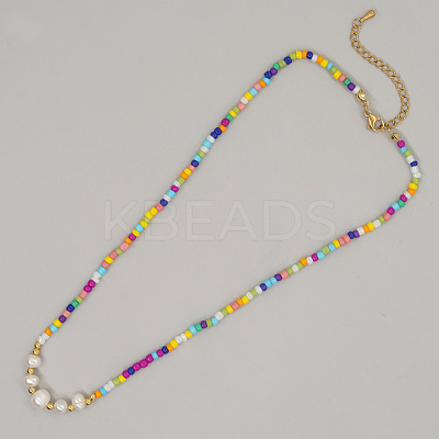 Bohemian Handmade Candy Color Resin and Potato Imitation Pearl Beaded Nsecklaces with Brass Chain for Women WG2740-2-1