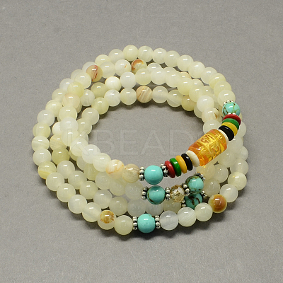 4-Loop Wrap Buddha Meditation Yellow Jade Beaded Bracelets BJEW-R039-16-1