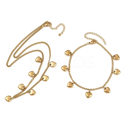 304 Stainless Steel Heart Pendant Curb Chain Necklaces & Bracelets Sets for Women SJEW-F225-02G-1