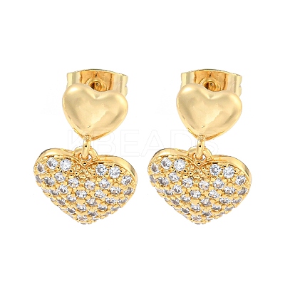 Heart Brass Pave Clear Cubic Zirconia Dangle Stud Earrings EJEW-M258-35G-1