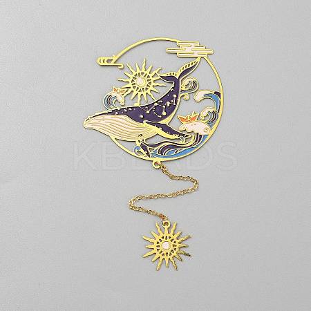 Chinese Style Brass Whale Sun Charms Bookmarks with Chain AJEW-Z042-01G-1