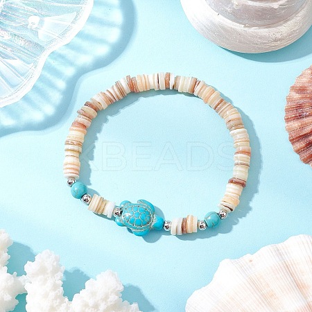 Natural Freshwater Shell with Synthetic Turquoise Beads Stretch Bracelets for Men Women BJEW-JB11745-02-1