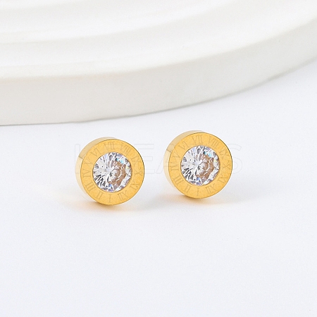 Flat Round 304 Stainless Steel & Crystal Rhinestone Stud Earrings for Women LS-EJEW-G459-02G-1