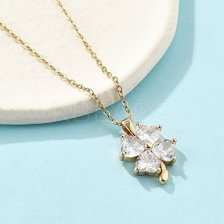 Brass Micro Pave Cubic Zirconia Four Leaf Clover Pendant Neckalces for Women NJEW-S448-02G-1