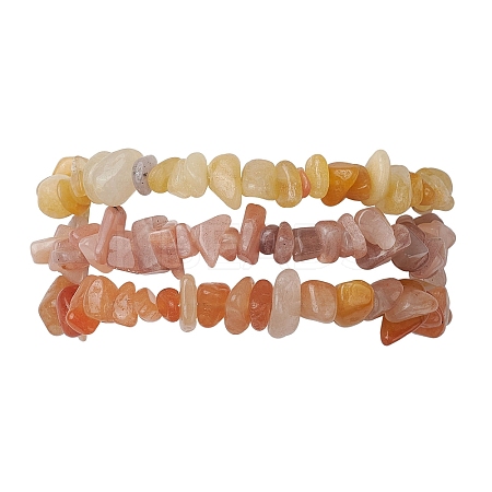 3Pcs Natural Red Aventurine & Natural Sunstone & Natural Topaz Jade Chip Beaded Stretch Bracelet Sets BJEW-JB10867-1