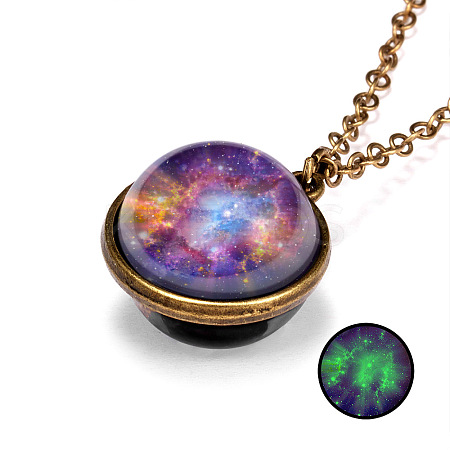 Luminous Glass Planet Pendant Necklace with Antique Golden Alloy Chains LS-PW-WG67491-08-1