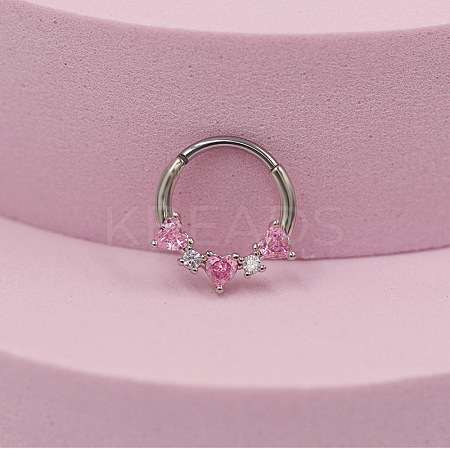 316L Surgical Stainless Steel Pave Pearl Pink Cubic Zirconia Heart Hoop Nose Rings FS-WG2F513-13-1