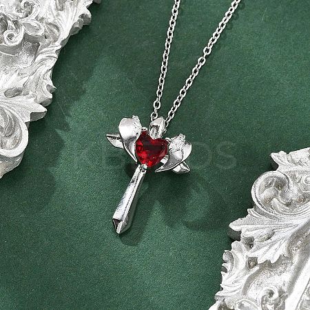 Brass Cubic Zirconia Wing Cross Pendant Necklaces for Women NJEW-C067-07P-01-1