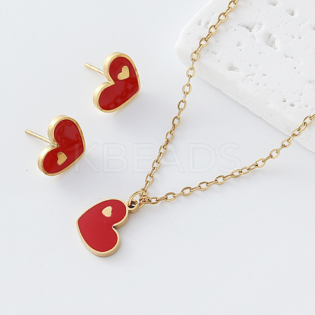 304 Stainless Steel Enamel Heart Pendant Necklace & Stud Earrings Set for Women FZ5218-2-1