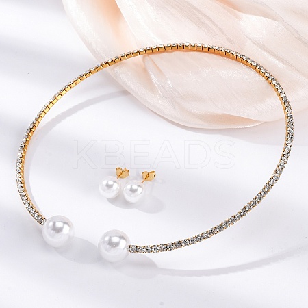 Round Plastic Imitation Pearl Stud Earrings & Rhinestone Cuff Choker Necklaces Sets SJEW-U003-04G-1