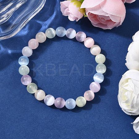 Natural Selenite Round Beaded Stretch Bracelets for Men Women BJEW-JB12061-1