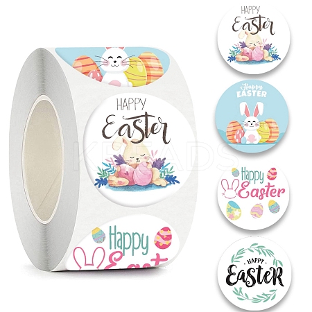 4 Patterns Round Dot Easter Theme Paper Self-adhesive Rabbit Easter Egg Stickers PW-WG83424-01-1