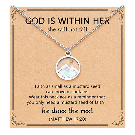 Flat Round 201 Stainless Steel Pave Natural Shell Mustard Seed Pendant Necklaces for Women WG511AE-06-1
