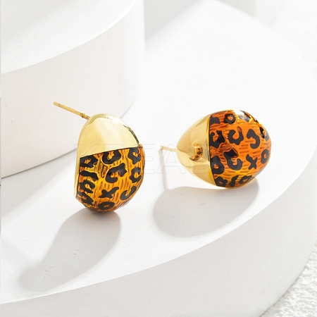 Leopard Print Brass Enamel Stud Earrings for Women EJEW-U055-12B-G-1