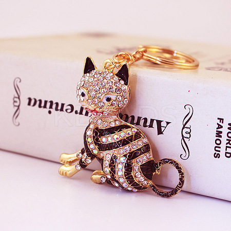 Fashion Rhinestones Enamel Sitting Cat Pendant Keychain LS-ANIM-PW0001-022B-1