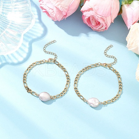 304 Stainless Steel with Natural Keshi Pearl Link Bracelets BJEW-JB12156-1