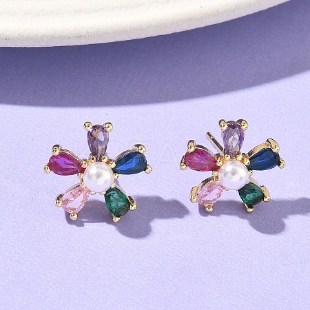 Flower Brass Cubic Zirconia Stud Earrings EJEW-P336-06G-01-1