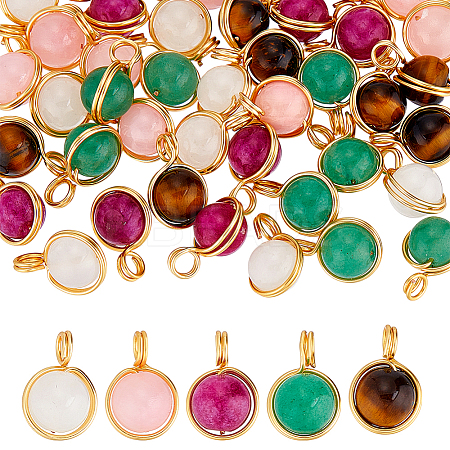 5Pcs 5 Colors Copper Wire Wrapped Natural Mashan Jade & Malaysia Jade & Tiger Eye & Green Aventurine & Quartz Crystal Round Charms PALLOY-HY00112-1