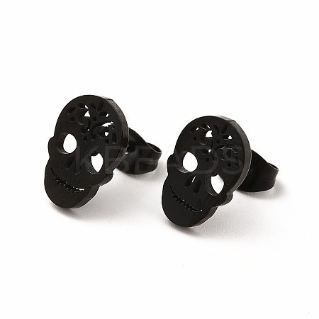 Halloween Skull with Flower 304 Stainless Steel Stud Earrings for Women LS-EJEW-B019-05EB-1