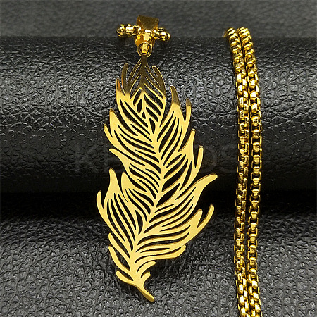 201 Stainless Steel Feather Pendant Necklaces NJEW-K283-12G-1