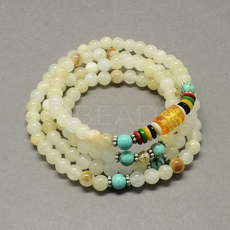 4-Loop Wrap Buddha Meditation Yellow Jade Beaded Bracelets BJEW-R039-16-1