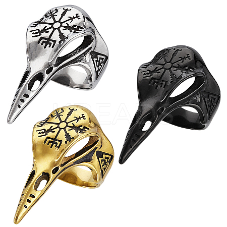 3Pcs 3 Colors Viking Raven Bird Head Stainless Steel Finger Rings RJEW-GA0001-04-1