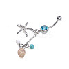 304 Stainless Steel Pave Cubic Zirconia & Plastic Pearl & Natural Shell Starfish Curved Barbell Dangle Belly Rings FS-WGCE39A-01-3