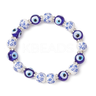 Handmade Flower Printed Porcelain Ceramic & Handmade Lampwork Evil Eye Beads Stretch Bracelets for Women BJEW-JB12105-04-1
