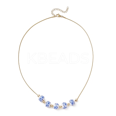 Handmade Flower Printed Porcelain Round Beaded 304 Stainless Steel Snake Chain Necklaces NJEW-JN05361-1