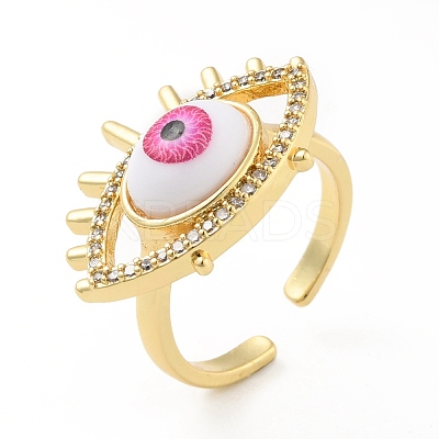 Cubic Zirconia Sun with Evil Eye Open Cuff Ring with Enamel RJEW-B042-08G-01-1