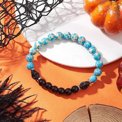 Synthetic Imperial Jasper & Turquoise & Painted Glass Beaded Stretch Bracelet for Women Men BJEW-JB12500-01-1