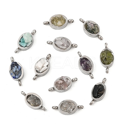 Natural Mixed Gemstone Chip 304 Stainless Steel Oval Connector Charms KK-P300-11P-1