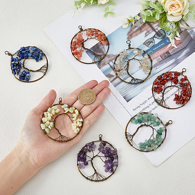 7 Chakra Copper Wired Wrapped Natural Mixed Gemstone Chip Big Pendants PALLOY-AB00196-1