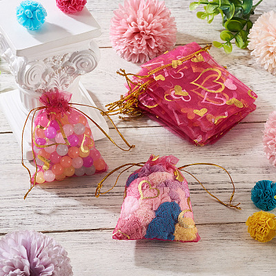50Pcs Heart Printed Organza Bags OP-TADJ0001-01G-1