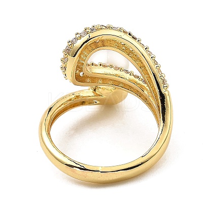 Cubic Zirconia Hollow Teardrop Open Cuff Ring with Plastic Imitation Pearl Beaded RJEW-G294-03G-1
