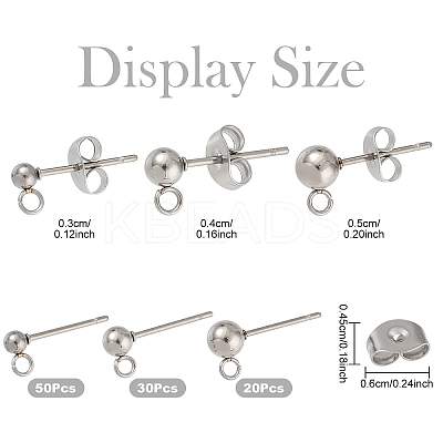 100Pcs 3 Styles Original Color 304 Stainless Steel Ball Post Stud Earring Findings STAS-YW0003-06-1