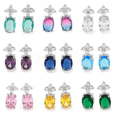Brass Pave Cubic Zirconia Flower & Oval Stud Earrings for Women EJEW-I304-26P-1