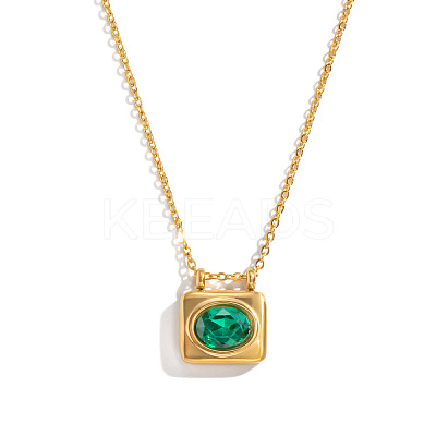 304 Stainless Steel Rhinestone Rectangle with Oval Pendant Necklaces KL1380-2-1