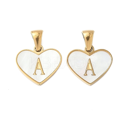 304 Stainless Steel Pave Natural White Shell Heart with Initial Slice Pendants STAS-R168-25G-A-1