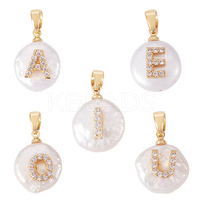 5Pcs 5 Styles Natural Cultured Freshwater Pearl Nuggets with Letter Pendants KK-TA0002-37-1