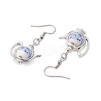 304 Stainless Steel Handmade Flower Printed Porcelain Ceramic Beads Dangle Earrings EJEW-JE06288-1