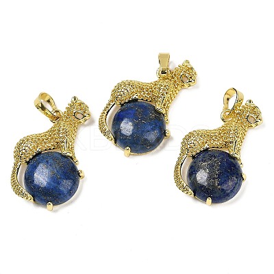 Dyed Natural Lapis Lazuli Ball with Leopard Shape Brass Pendants KK-F887-04G-23-1