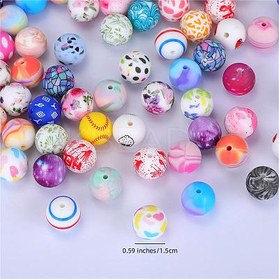 Printed Round with Flower Pattern Silicone Focal Beads SI-JX0056A-199-1
