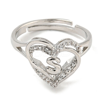 Heart with Letter Rack Plating Brass Micro Pave Clear Cubic Zirconia Adjustable Rings for Women RJEW-I105-01P-S-1