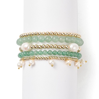 5Pcs 5 Style Natural Green Aventurine & Brass Beaded Stretch Bracelets Set BJEW-JB08870-03-1