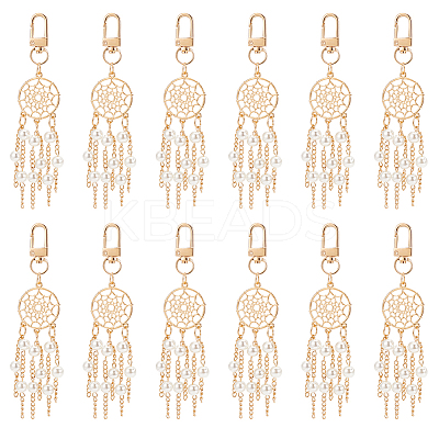 12Pcs Alloy Woven Web/Net with ABS Imitation Pearl Bead Tassel Pendant Decoration HJEW-NB0001-70-1